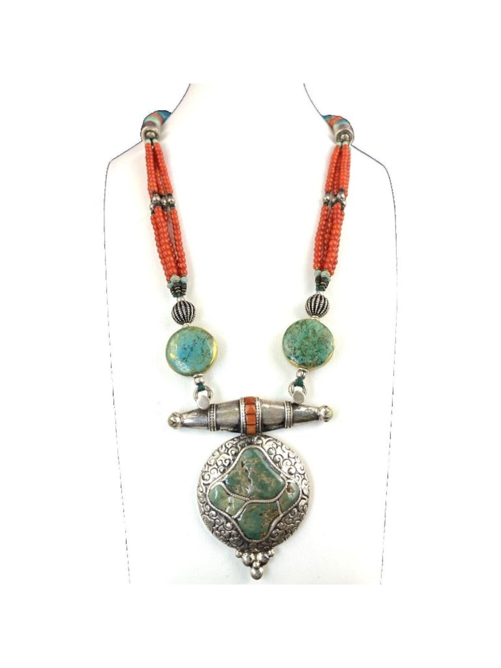 Handmade Artisan Studio Turquoise Sterling Silver Necklace 925 Tibet Medallion